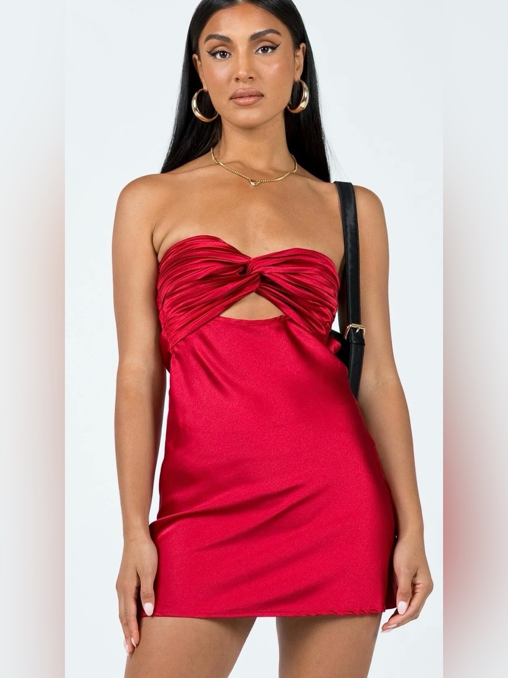 Princess Polly Shellie Strapless Red Twist-Front Satin Mini Dress